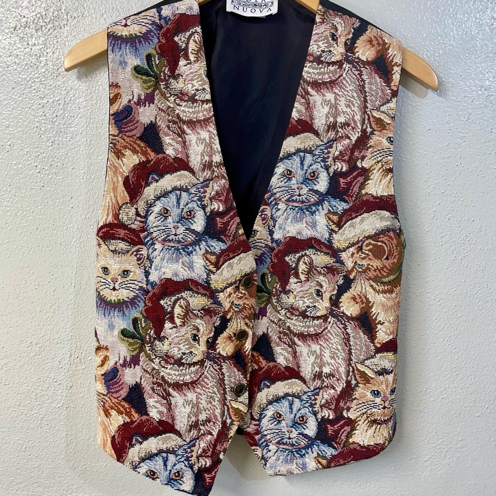 Idea Nuova Vintage Tapestry Vest Santa Cats Christmas Holiday Kitsch Large Jolly